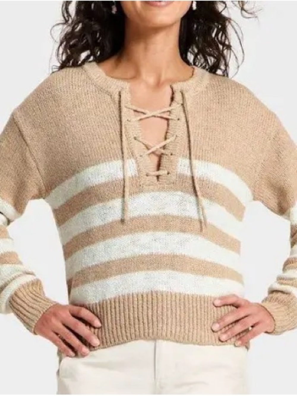 Striped Lace-Up V-Neck Sweater - Smoke free home